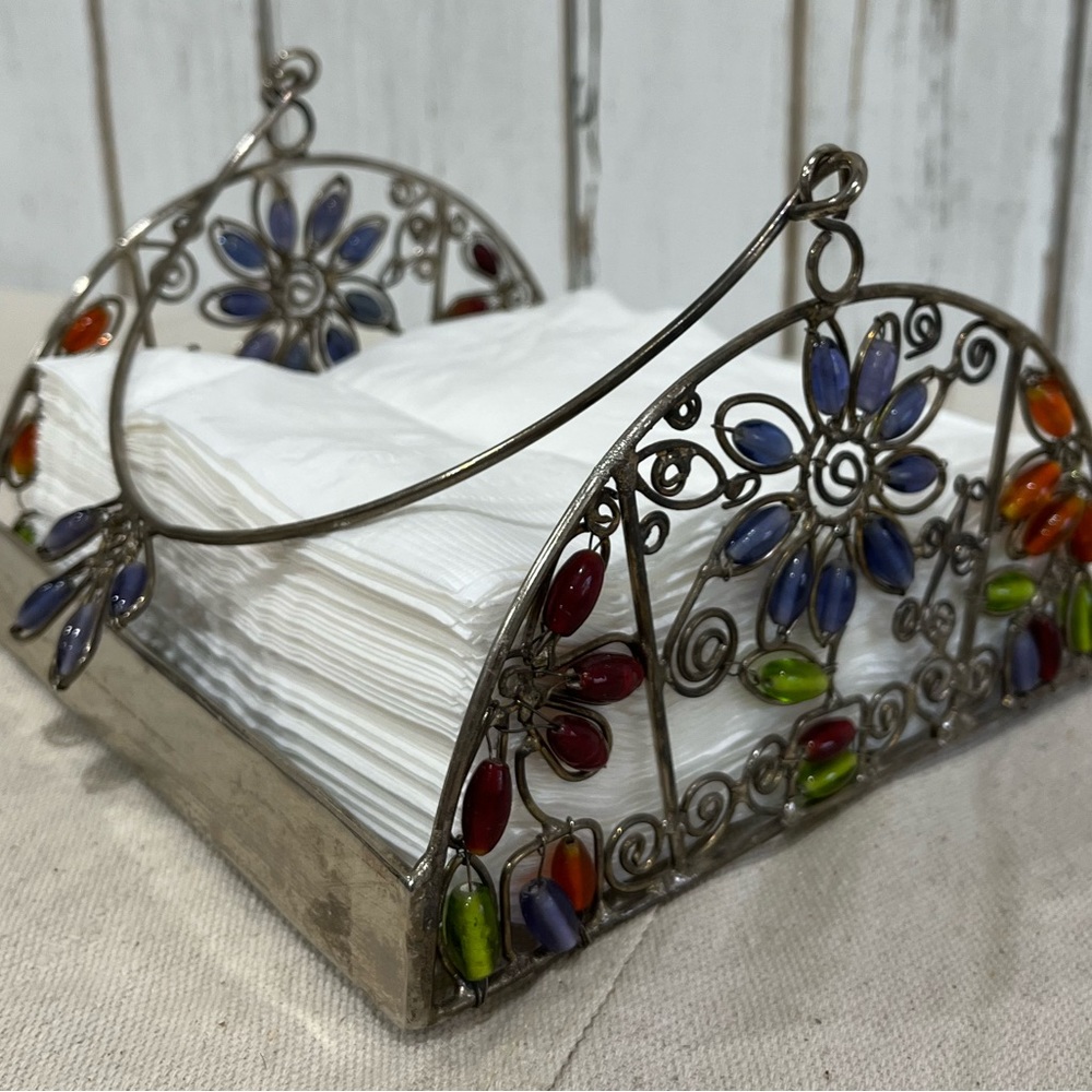 Vintage Glass Like Beaded Silver Napkin Holder with Beaded Handle - Picture 9 of 16